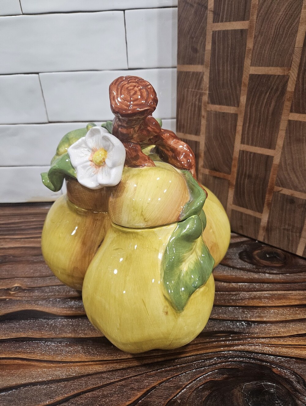 Vintage Hand Painted Ceramic Triple Pear Fig Fruit Farmhouse Cookie Jar Canister